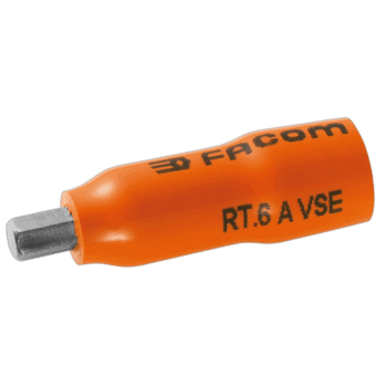 Facom RT.AVSE VSE series 1,000 Volt insulated 6-point 1/4 bit socket in orange with metal tip for electrical work.