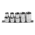 Set of six Facom 1/4 inch long-reach 12-point sockets in a row, made of polished chrome vanadium steel.