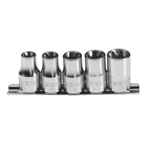 Set of six Facom 1/4 inch long-reach 12-point sockets in a row, made of polished chrome vanadium steel.