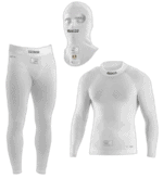 White Grand Prix Racewear set including racing suit, balaclava, and long-sleeve shirt for motorsport safety and performance.