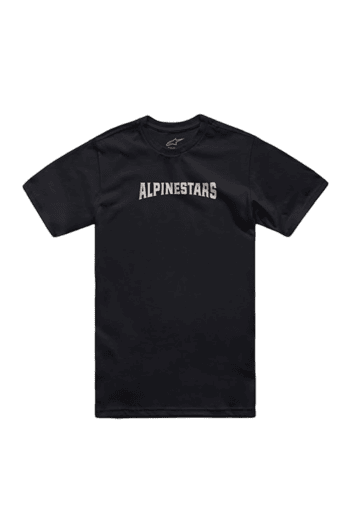 Black Alpinestars T-shirt with white logo, ideal for motorsport enthusiasts and racewear fans.