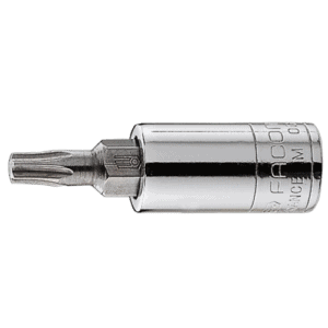 Close-up of a Facom RX 1/4 drive Torx bit socket in silver finish, showing detailed engraving and precision manufacturing.