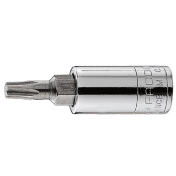 Close-up of a Facom RX 1/4 drive Torx bit socket in silver finish, showing detailed engraving and precision manufacturing.