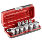 Set of 11 Facom 1/4'' 6 point metric sockets in a red case, suitable for automotive and mechanical work.