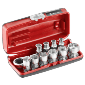 Set of 11 Facom 1/4'' 6 point metric sockets in a red case, suitable for automotive and mechanical work.