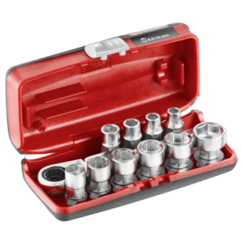 Set of 11 Facom 1/4'' 6 point metric sockets in a red case, suitable for automotive and mechanical work.