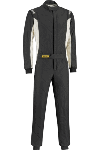 Sabelt TS1 Rocket Race Suit in black with white accents, designed for professional motorsport safety and performance.