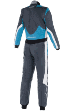 Grand Prix Racewear racing suit in navy blue, light blue, and white, designed for motorsport safety and performance.