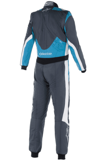 Grand Prix Racewear racing suit in navy blue, light blue, and white, designed for motorsport safety and performance.
