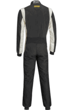 Grand Prix Racewear racing suit in black and white, designed for motorsport safety and performance.
