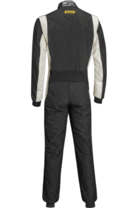 Grand Prix Racewear racing suit in black and white, designed for motorsport safety and performance.