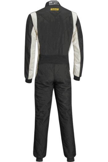 Grand Prix Racewear racing suit in black and white, designed for motorsport safety and performance.
