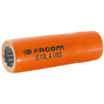 Facom S.LAVSE insulated long 12-point 1/2 socket in orange for electrical work safety.