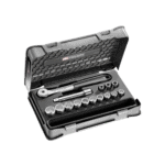 Facom 15-piece 1/2 inch metric 12-point sockets set in a black plastic case for professional automotive and mechanical use.