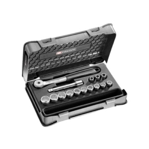 Facom 15-piece 1/2 inch metric 12-point sockets set in a black plastic case for professional automotive and mechanical use.