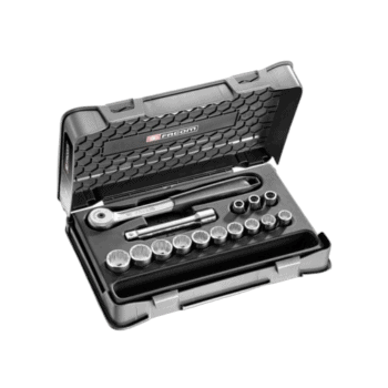Facom 15-piece 1/2 inch metric 12-point sockets set in a black plastic case for professional automotive and mechanical use.