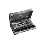 Facom 15-piece 1/2 inch metric 6-point sockets set S.151-1P6 in a black plastic case with chrome sockets and ratchet handle.