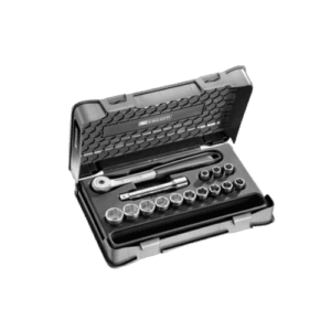 Facom 15-piece 1/2 inch metric 6-point sockets set S.151-1P6 in a black plastic case with chrome sockets and ratchet handle.