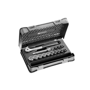 Facom 15-piece 1/2 inch metric 6-point sockets set S.151-1P6 in a black plastic case with chrome sockets and ratchet handle.