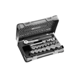 Facom 19-piece 1/2 inch metric 12-point sockets set S.151-2P12 in a black plastic case with ratchet handle and accessories.