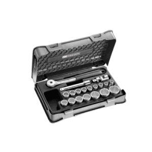 Facom 19-piece 1/2 inch metric 12-point sockets set S.151-2P12 in a black plastic case with ratchet handle and accessories.