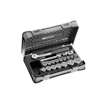 Facom 19-piece 1/2 inch metric 12-point sockets set S.151-2P12 in a black plastic case with ratchet handle and accessories.