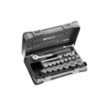 Facom 19-piece 1/2 inch metric 6-point sockets set in a black plastic case with ratchet handle and accessories.