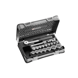 Facom 19-piece 1/2 inch metric 6-point sockets set in a black plastic case with ratchet handle and accessories.