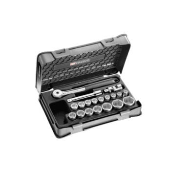 Facom 19-piece 1/2 inch metric 6-point sockets set in a black plastic case with ratchet handle and accessories.
