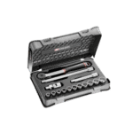 Facom 15-piece 1/2 inch 12-point sockets set in a black case with ratchet and extensions for professional automotive use.