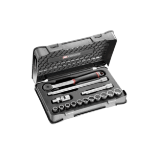 Facom 15-piece 1/2 inch 12-point sockets set in a black case with ratchet and extensions for professional automotive use.