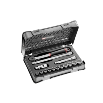 Facom 15-piece 1/2 inch 12-point sockets set in a black case with ratchet and extensions for professional automotive use.