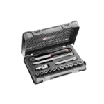 Facom 15-piece 1/2 inch 6-point sockets set S.161-1P6U in a black case with ratchet and extensions for professional automotive use.