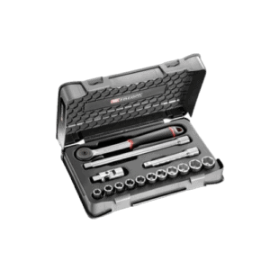 Facom 15-piece 1/2 inch 6-point sockets set S.161-1P6U in a black case with ratchet and extensions for professional automotive use.