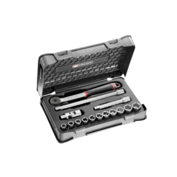 Facom 15-piece 1/2 inch 6-point sockets set S.161-1P6U in a black case with ratchet and extensions for professional automotive use.