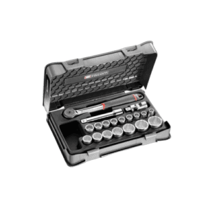 Facom 19-piece 1/2 inch metric 12-point sockets set in a black case for automotive and mechanical use.