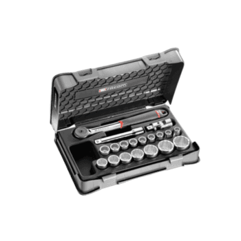 Facom 19-piece 1/2 inch metric 12-point sockets set in a black case for automotive and mechanical use.