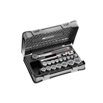 Facom 19-piece 1/2 inch metric 6-point sockets set in a black case for professional automotive and mechanical use.