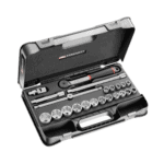 Facom 22-piece 1/2 inch 6-point sockets set S.161-2P6U in a black case with ratchet and extensions.