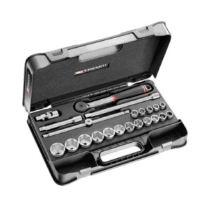 Facom 22-piece 1/2 inch 6-point sockets set S.161-2P6U in a black case with ratchet and extensions.