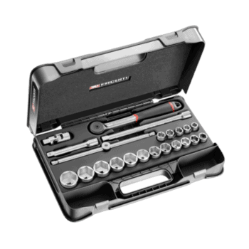 Facom 22-piece 1/2 inch 6-point sockets set S.161-2P6U in a black case with ratchet and extensions.