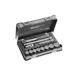 Facom 23-piece 1/2 inch metric 12-point sockets set in a black case for automotive and mechanical use.