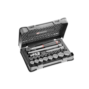 Facom 23-piece 1/2 inch metric 12-point sockets set in a black case for automotive and mechanical use.