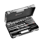 Facom 25-piece 1/2 inch 12-point sockets set S.161-3P12U in a black case with various sockets and tools.