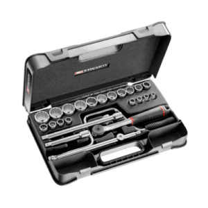 Facom 25-piece 1/2 inch 12-point sockets set S.161-3P12U in a black case with various sockets and tools.