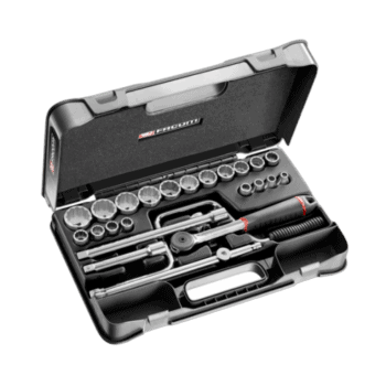 Facom 25-piece 1/2 inch 12-point sockets set S.161-3P12U in a black case with various sockets and tools.