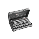 Facom 23-piece 1/2 inch metric 6-point sockets set in a black case with ratchet and extension bars for professional automotive and mechanical use.