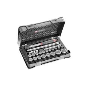 Facom 23-piece 1/2 inch metric 6-point sockets set in a black case with ratchet and extension bars for professional automotive and mechanical use.