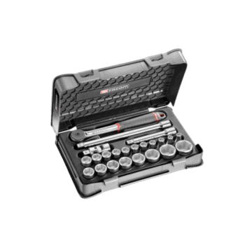 Facom 23-piece 1/2 inch metric 6-point sockets set in a black case with ratchet and extension bars for professional automotive and mechanical use.