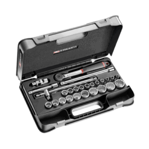 Facom 26-piece 1/2 metric 12-point sockets set S.161-4P12 in a black plastic case with sockets and tools.